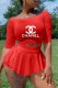 Red Fashion Sportswear Print Letter Off the Shoulder Three Quarter Two Pieces