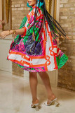 Rose Red Fashion Casual Print Patchwork Buckle Turndown Collar Straight Dresses