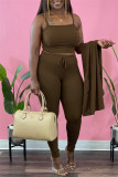 Coffee Sexy Casual Solid Cardigan Vests Pants Sleeveless Three-piece Set