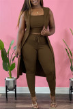 Coffee Sexy Casual Solid Cardigan Vests Pants Sleeveless Three-piece Set