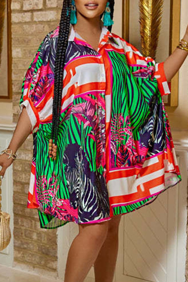 Green Fashion Casual Print Patchwork Buckle Turndown Collar Straight Dresses