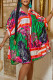 Green Fashion Casual Print Patchwork Buckle Turndown Collar Straight Dresses