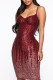 Burgundy Sexy Solid Sequins Patchwork Spaghetti Strap Pencil Skirt Dresses