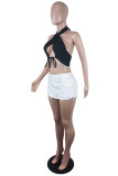 Black Fashion Sexy Solid Bandage Hollowed Out Backless Asymmetrical Halter Tops
