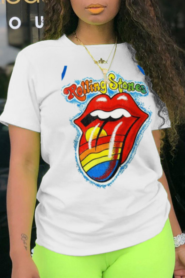 White Fashion Casual Lips Printed Patchwork O Neck T-Shirts