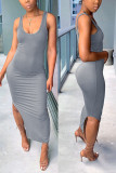Grey Europe and America Two Piece Suits Patchwork Solid pencil Sleeveless Two-Piece Dress