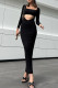 Black Fashion Sexy Solid Hollowed Out Patchwork Square Collar Long Sleeve Dresses