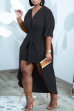 Blue Casual Solid Patchwork V Neck Dresses