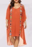 Tangerine Red Casual Print Mesh O Neck Straight Plus Size Dresses