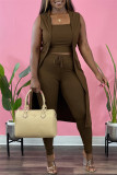 Coffee Sexy Casual Solid Cardigan Vests Pants Sleeveless Three-piece Set