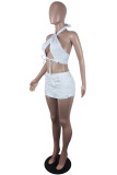 White Fashion Sexy Solid Bandage Hollowed Out Backless Asymmetrical Halter Tops