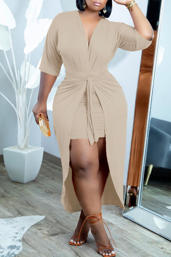 Khaki Casual Solid Patchwork V Neck Dresses