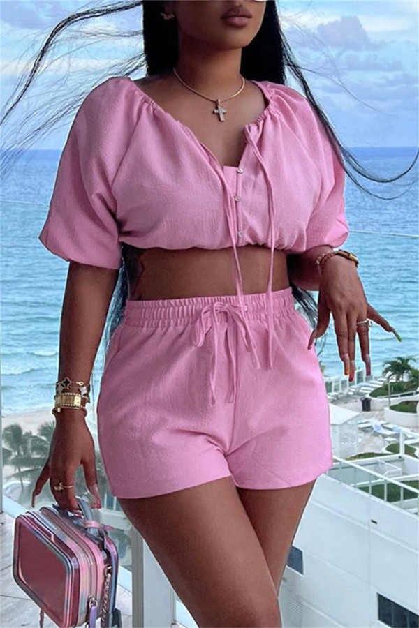Pink Fashion Casual Solid Patchwork V Neck Short Sleeve Two Pieces