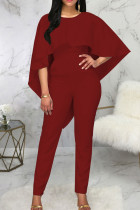 Red Sexy Solid Patchwork Backless Flounce O Neck Regular Jumpsuits
