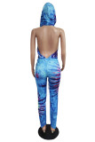 Blue Fashion Sexy Print Tie Dye Backless Hooded Collar Skinny Jumpsuits