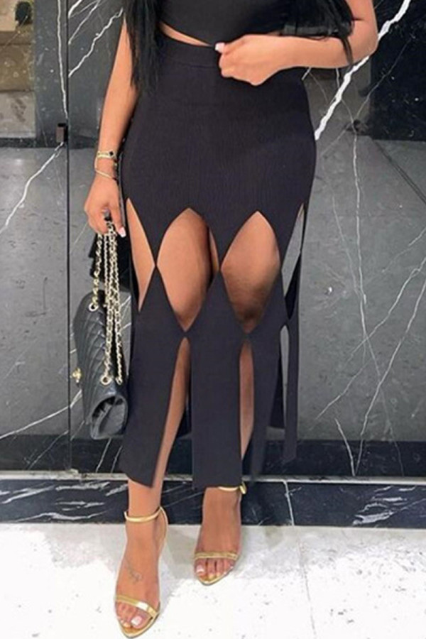 Black Sexy Solid Hollowed Out Patchwork Regular High Waist Pencil Solid Color Bottoms