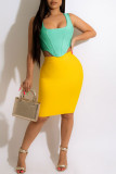 Yellow Sexy Solid Patchwork Asymmetrical U Neck Sleeveless Two Pieces