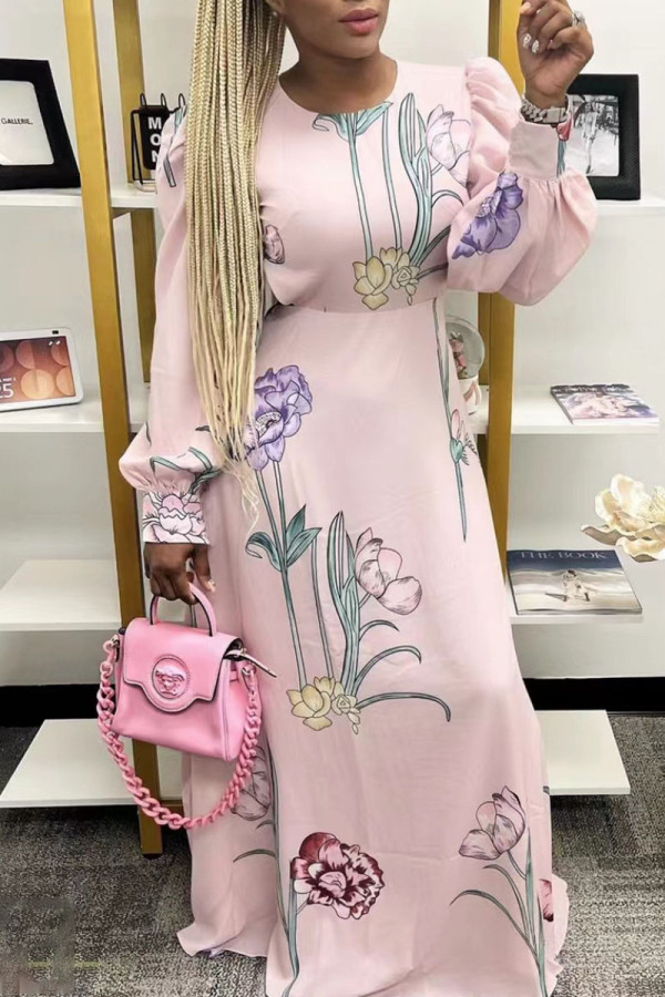 Pink Sexy Print Patchwork Backless O Neck Long Dress Dresses
