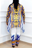 Blue Fashion Casual Print Hollowed Out O Neck Plus Size Three-piece Set