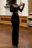 Pink Fashion Sexy Solid Hollowed Out Patchwork Square Collar Long Sleeve Dresses