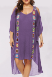 Purple Casual Print Mesh O Neck Straight Plus Size Dresses