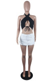 Black Fashion Sexy Solid Bandage Hollowed Out Backless Asymmetrical Halter Tops
