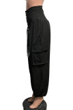 Black Casual Street Solid Bandage Patchwork High Waist Wide Leg Solid Color Bottoms
