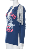 Deep Blue Fashion Print Tassel V Neck Tops