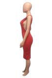 Black Fashion adult Street Red Black Grey Wine Red Tank Sleeveless Slip Step Skirt Knee-Length Patchwork Solid split Dresses