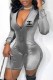 Grey Fashion Street Print Letter Zipper Collar Rompers