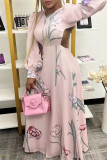 Pink Sexy Print Patchwork Backless O Neck Long Dress Dresses