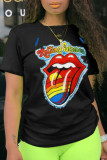 Grey Fashion Casual Lips Printed Patchwork O Neck T-Shirts