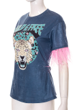 Dark Gray Fashion Print Patchwork O Neck T-Shirts