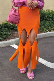 Orange Sexy Solid Hollowed Out Patchwork Regular High Waist Pencil Solid Color Bottoms
