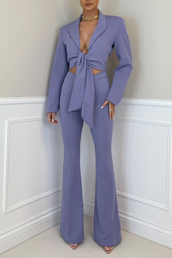 Purple Sexy Solid Patchwork Knotted Turn-back Collar Long Sleeve Two Pieces