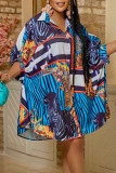 Rose Red Fashion Casual Print Patchwork Buckle Turndown Collar Straight Dresses