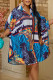 Blue Fashion Casual Print Patchwork Buckle Turndown Collar Straight Dresses