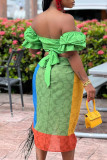 Green Sexy Print Bandage Patchwork Off the Shoulder Short Sleeve Two Pieces