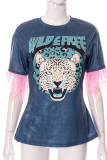Dark Gray Fashion Print Patchwork O Neck T-Shirts