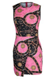 Pink Casual Print Patchwork Buttons O Neck One Step Skirt Dresses