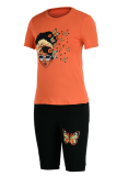 Yellow Casual Butterfly Print Patchwork O Neck Short Sleeve Two Pieces
