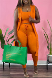 Coffee Sexy Casual Solid Cardigan Vests Pants Sleeveless Three-piece Set