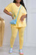 Shallow Yellow Fashion Casual Solid Slit V Neck Short Sleeve Two Pieces
