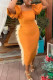 Orange Fashion Casual Solid Patchwork Feathers Square Collar Short Sleeve Dress Dresses