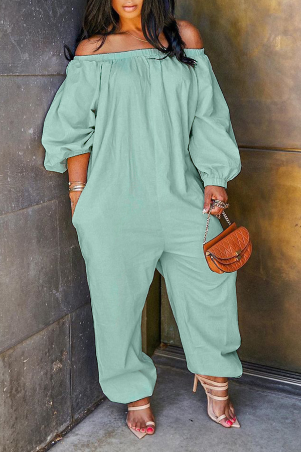Mint green Casual Solid Patchwork Off the Shoulder Harlan Jumpsuits