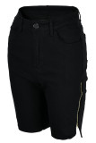 Black Street Solid Patchwork Zipper High Waist Denim Shorts