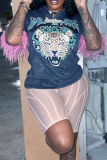 Dark Gray Fashion Print Patchwork O Neck T-Shirts