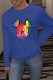 Blue Fashion Street Character Print Patchwork O Neck Tops