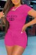 Rose Red Fashion Casual Print Letter O Neck Short Sleeve Two Pieces