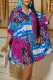Rose Red Fashion Casual Print Patchwork Buckle Turndown Collar Straight Dresses